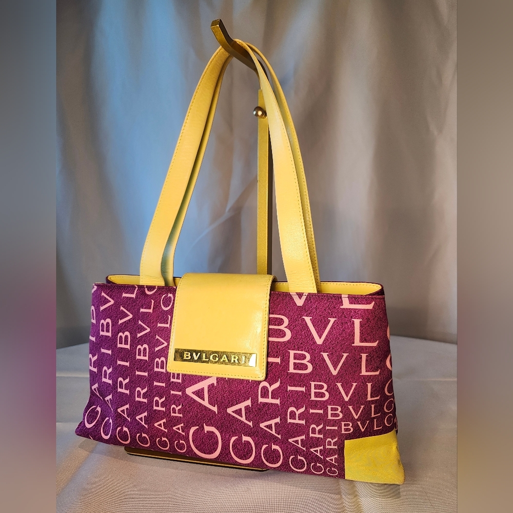 Bvlgari Logo Canvas & Leather Shoulder Bag Purple & Yellow Bulgari - Picture 2 of 16